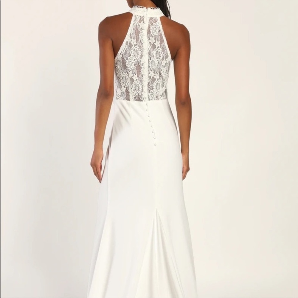 NWT. Size L. Lulu's Cherished Love Story White Lace Halter Mermaid Maxi Dress